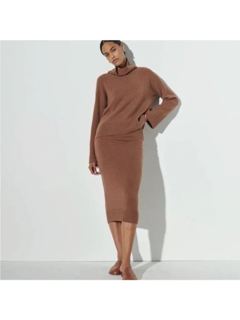 The Reset R Label Cedar Brown Wool Cashmere Perfect Knit Midi Skirt Womens Small